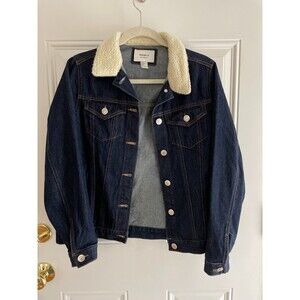 Forever 21 Blue Denim Jacket Faux Sherpa Collar Sz Small
